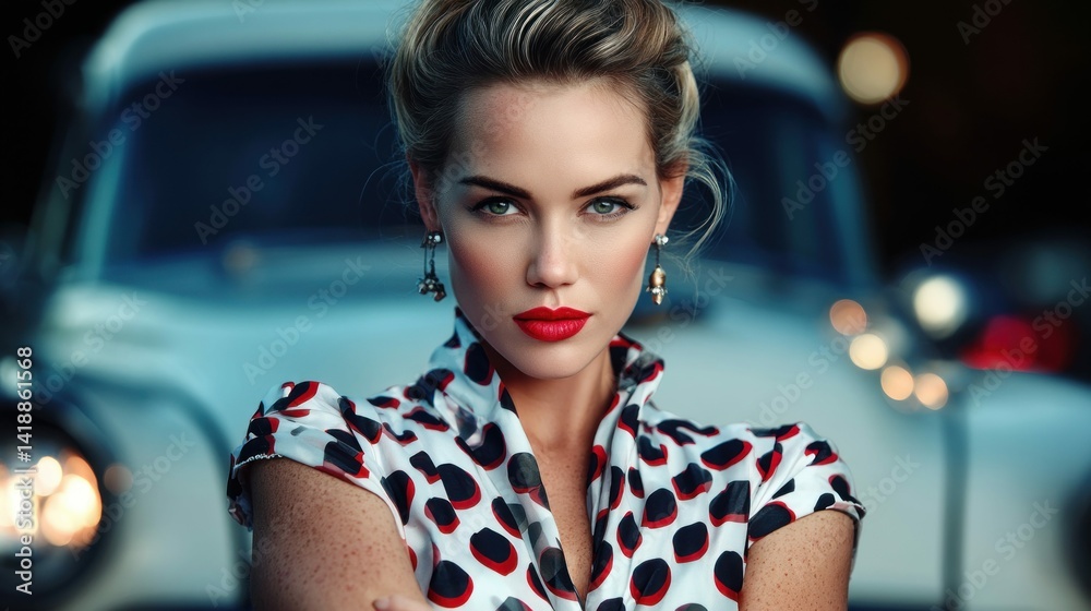 A stunning woman with red lips poses elegantly in front of a vintage car, radiating a timeless appeal. Her chic outfit and accessories add to the stylish vintage look.