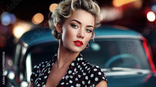 Obraz na płótnie A beautiful woman with red lipstick poses next to a classic blue car, exuding vintage charm and allure. The background is slightly blurred. w salonie