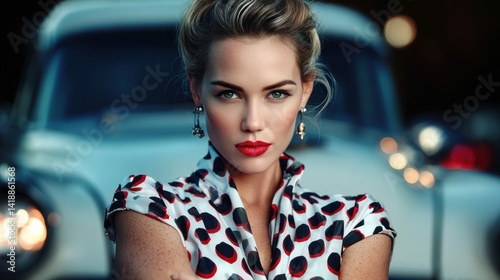 Obraz na płótnie A stunning woman with red lips poses elegantly in front of a vintage car, radiating a timeless appeal. Her chic outfit and accessories add to the stylish vintage look. w salonie