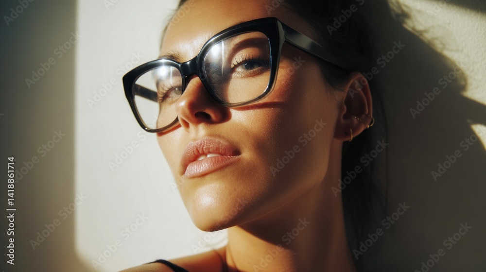 A beautiful woman wearing stylish black glasses is lit by warm sunlight, leaning against a wall, striking a captivating pose.