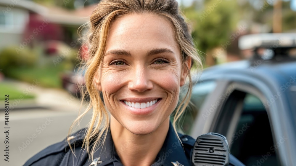 A smiling female police officer poses near her patrol car on a sunny day, radiating confidence and approachability.
