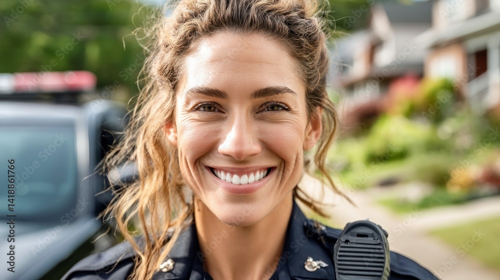 A smiling police officer, posing in front of her patrol car, radiates positivity and dedication in her community.