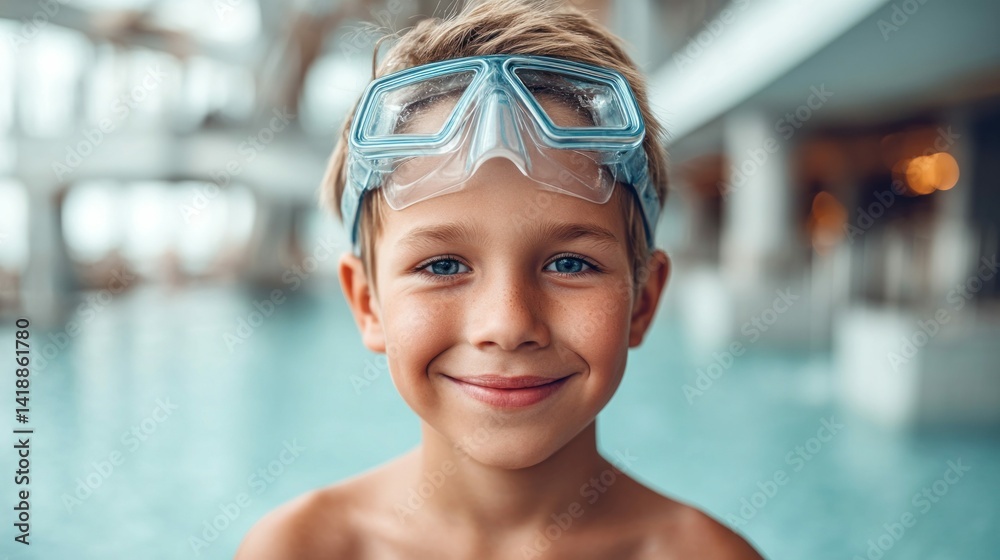 A smiling boy with a swim mask ready to enjoy the pool. He looks directly at the viewer with a joyful expression, hinting at summer fun and relaxation.
