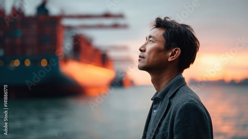 Obraz na płótnie An asian man looks up pensively towards the horizon with a cargo ship docked in the background at dusk, contemplative mood. w salonie