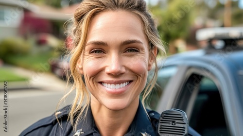 Obraz na płótnie A smiling female police officer poses near her patrol car on a sunny day, radiating confidence and approachability. w salonie