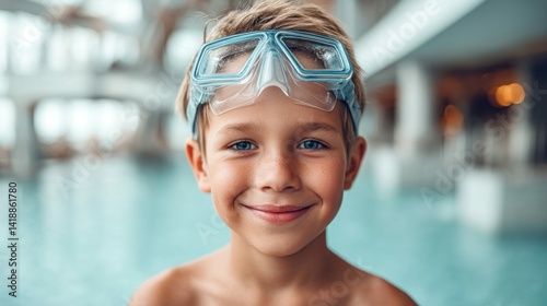 A smiling boy with a swim mask ready to enjoy the pool. He looks directly at the viewer with a joyful expression, hinting at summer fun and relaxation.