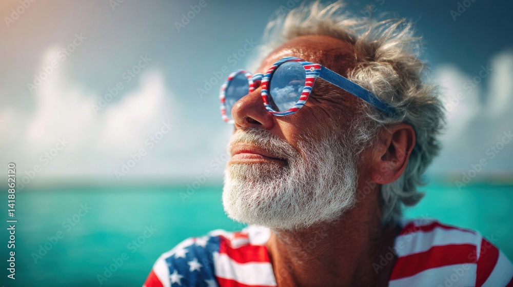 A senior citizen in sunglasses enjoys the sun on a bright, clear day near the ocean.