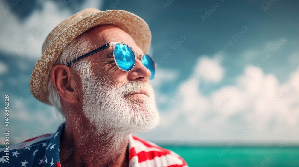 A senior man, wearing sunglasses and a straw hat, looks out at the ocean on a sunny day with a smile.
