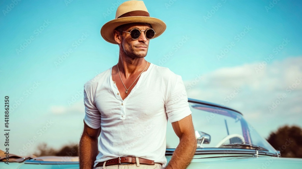 A handsome man in a hat and sunglasses poses by a classic car on a sunny day.