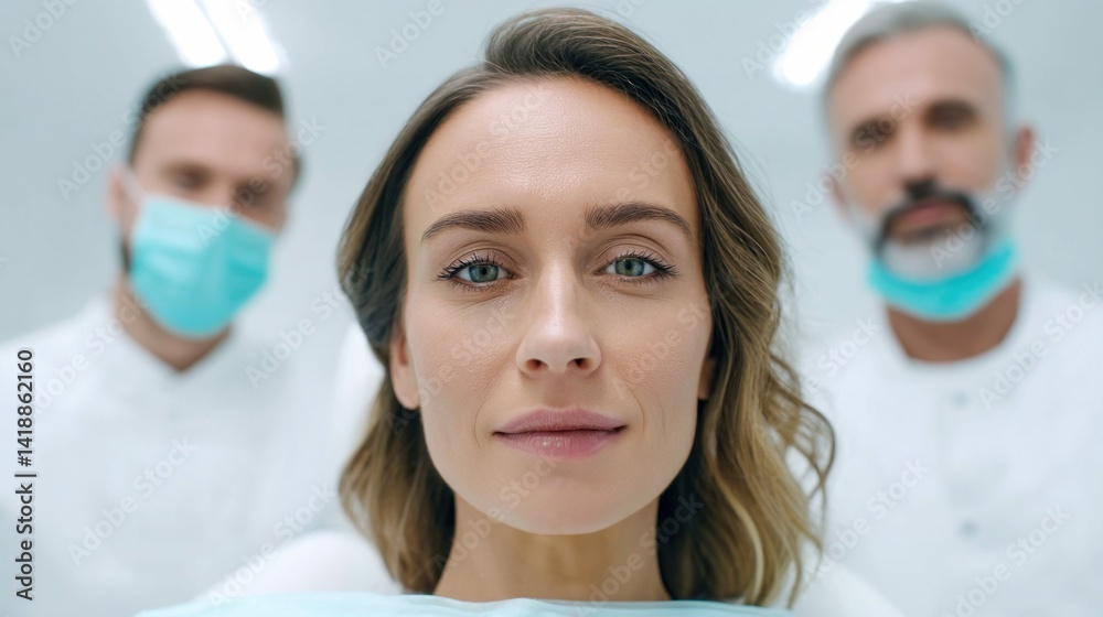 A woman in a dental clinic, ready for a checkup, is looking directly at the camera in this portrait.