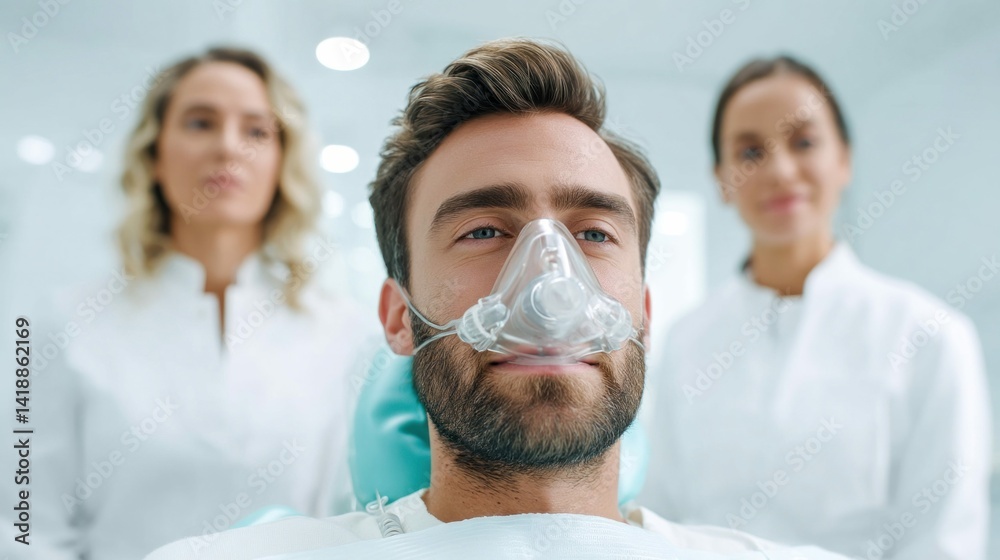 A man receives care at a dental clinic wearing an oxygen mask with professionals nearby.