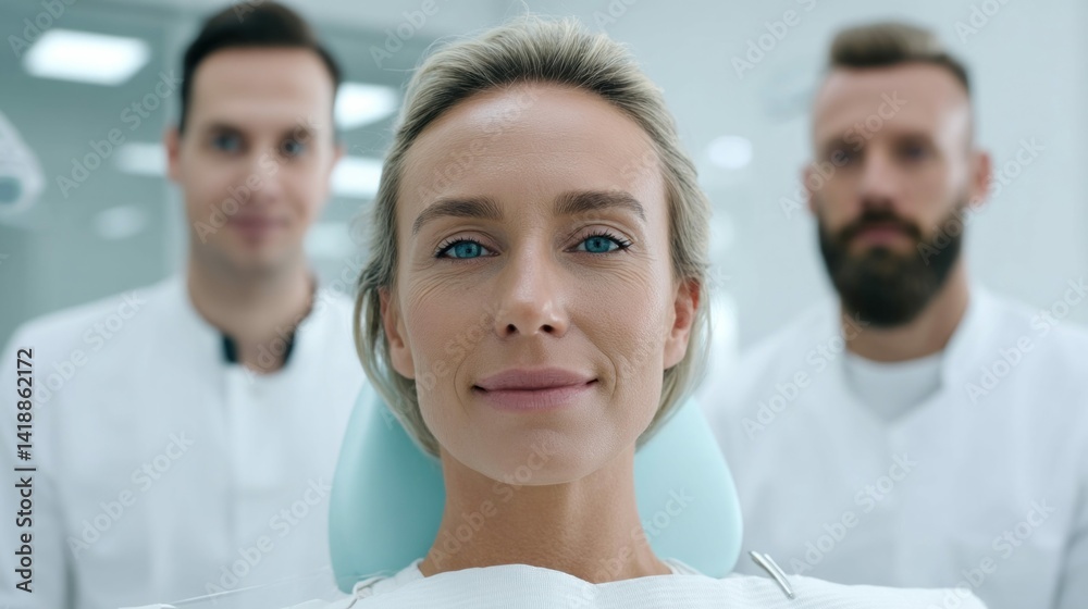 A woman smiles at the camera in a dentist's chair, with two medical professionals standing behind her.
