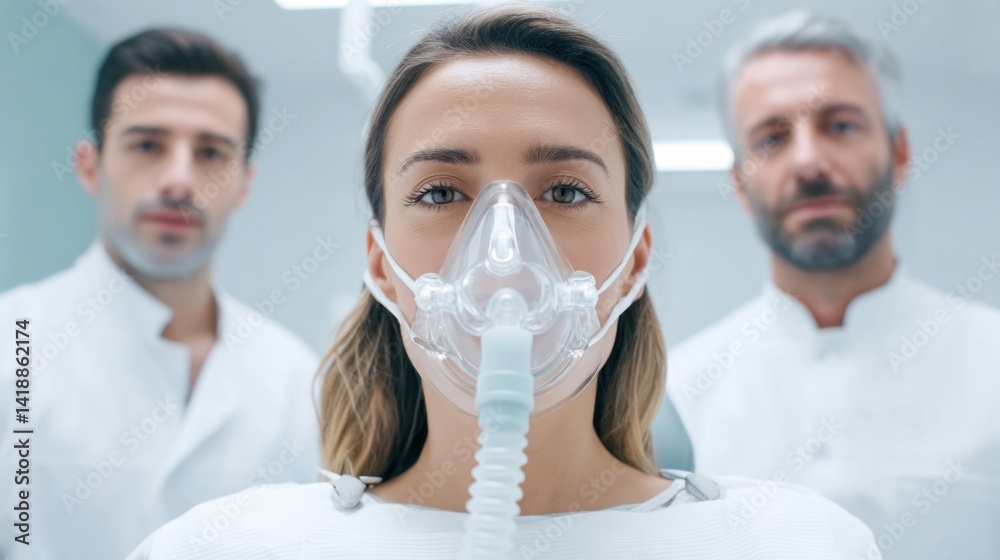 A woman wearing an oxygen mask is ready for a medical procedure in a clinic setting.