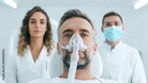 A man receives oxygen with medical staff providing support, looking serious and focused.