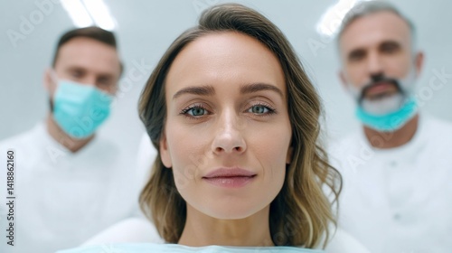 Obraz na płótnie A woman in a dental clinic, ready for a checkup, is looking directly at the camera in this portrait. w salonie