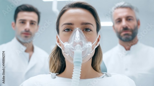 Obraz na płótnie A woman wearing an oxygen mask is ready for a medical procedure in a clinic setting. w salonie