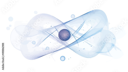 This image presents an abstract representation of quantum entanglement, centered on a dark blue sphere, possibly symbolizing a particle, within a pair of dynamic, intertwined particles.