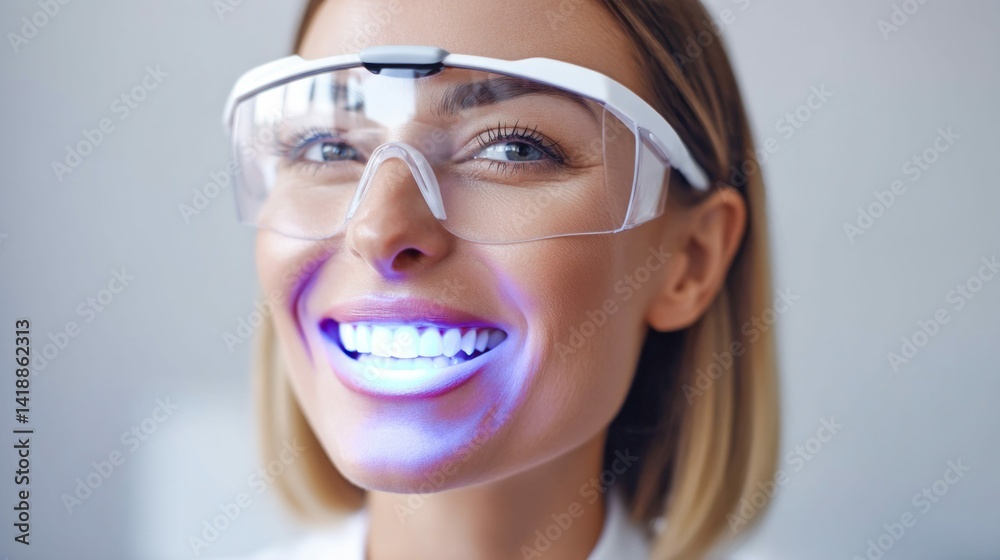 A woman undergoing teeth whitening treatment, smiling radiantly with blue light on her teeth.