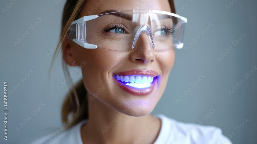 A radiant woman with gleaming, whitened teeth undergoing a professional teeth whitening session.