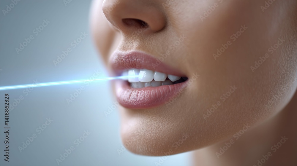 A close-up shows a woman undergoing a teeth whitening procedure, enhancing her smile.