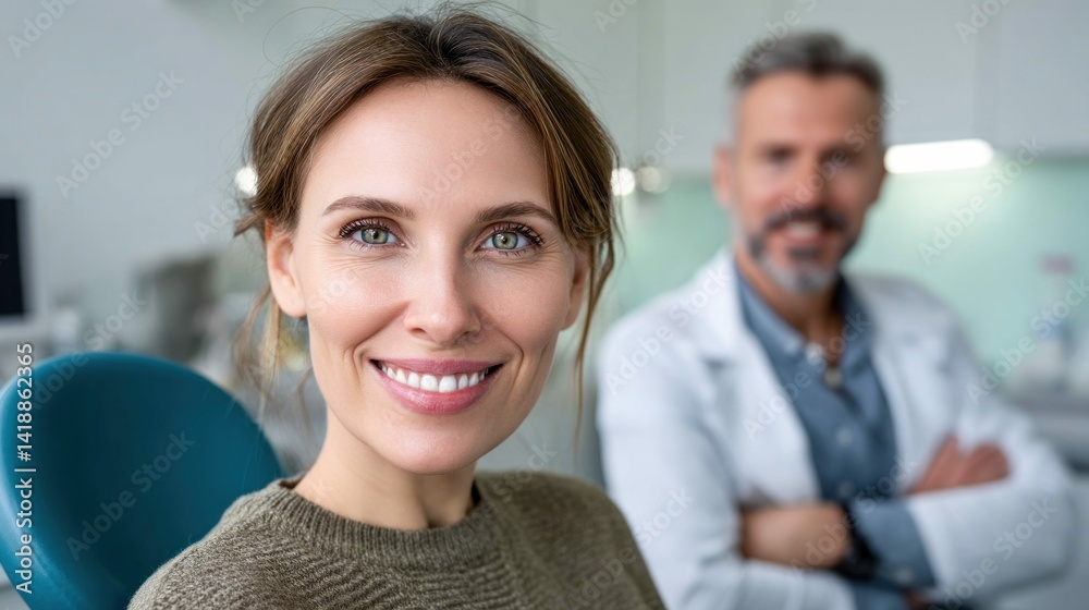 A woman smiles brightly at the camera in a dental office with her dentist in the background.