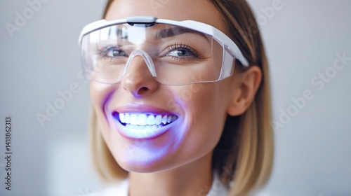 Obraz na płótnie A woman undergoing teeth whitening treatment, smiling radiantly with blue light on her teeth. w salonie