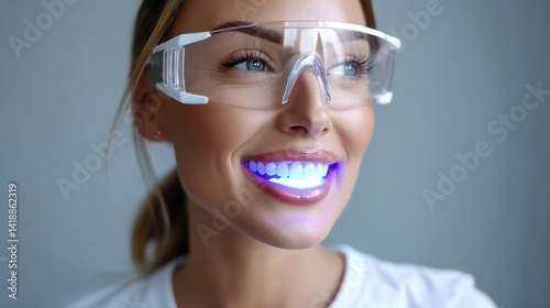 Obraz na płótnie A radiant woman with gleaming, whitened teeth undergoing a professional teeth whitening session. w salonie