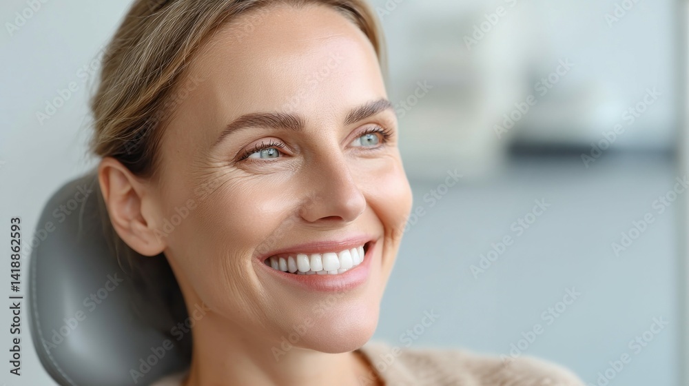 A smiling woman with bright white teeth sits in a dental chair, looking healthy and content.