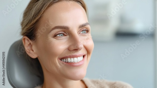 Obraz na płótnie A smiling woman with bright white teeth sits in a dental chair, looking healthy and content. w salonie