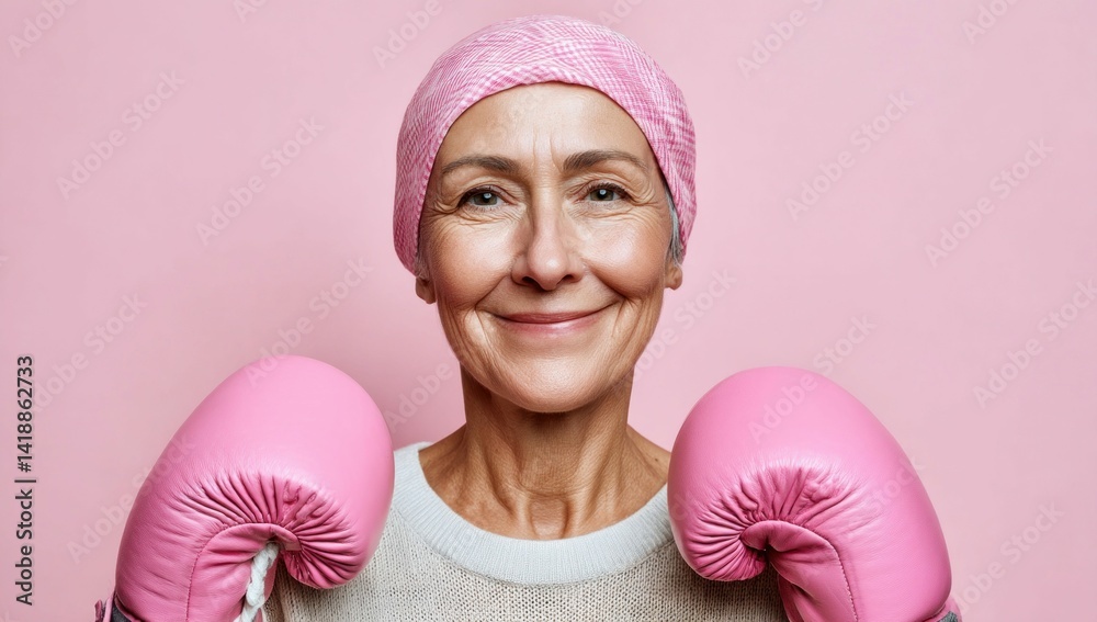 An older woman wearing a pink headscarf and boxing gloves showing resilience and positivity.