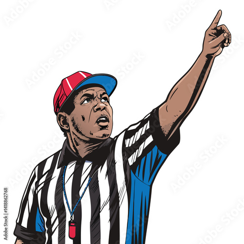 A confused-looking soccer referee signals VAR review, hand gesture unclear, close-up shot.