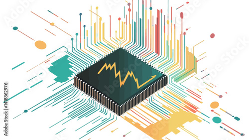 In the center of the image is an isometric illustration of a dark teal microchip with yellow-green line drawings representing data flow. The microchip is surrounded by a row of brightly colored lines.