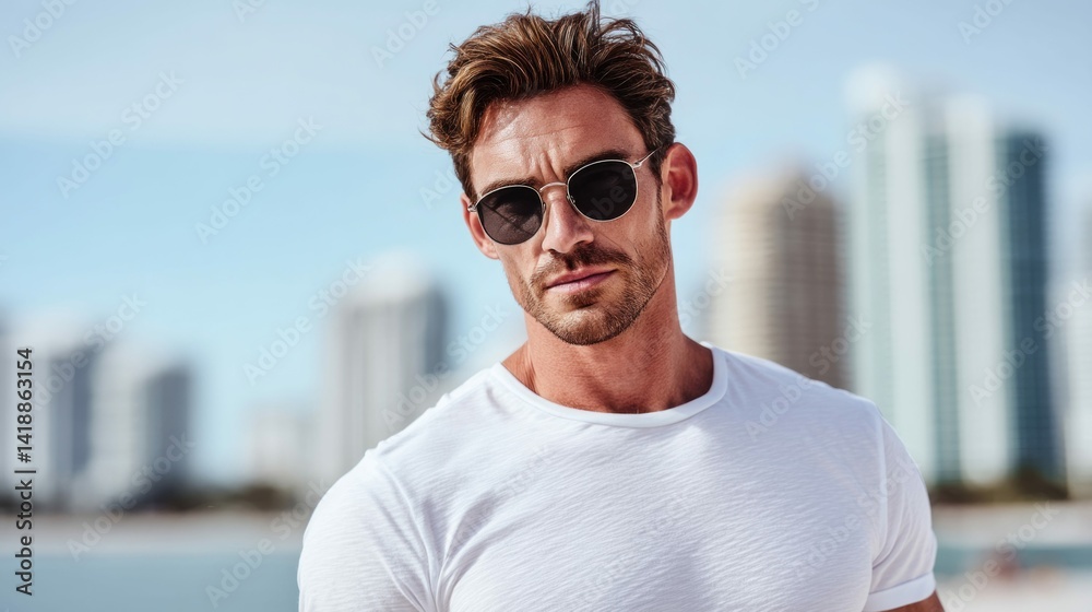 A stylish man wearing sunglasses and white t-shirt is the focus of this portrait, exuding confidence.