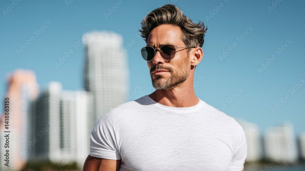 A stylish, handsome man with sunglasses gazes away, posing by buildings on a sunny day.