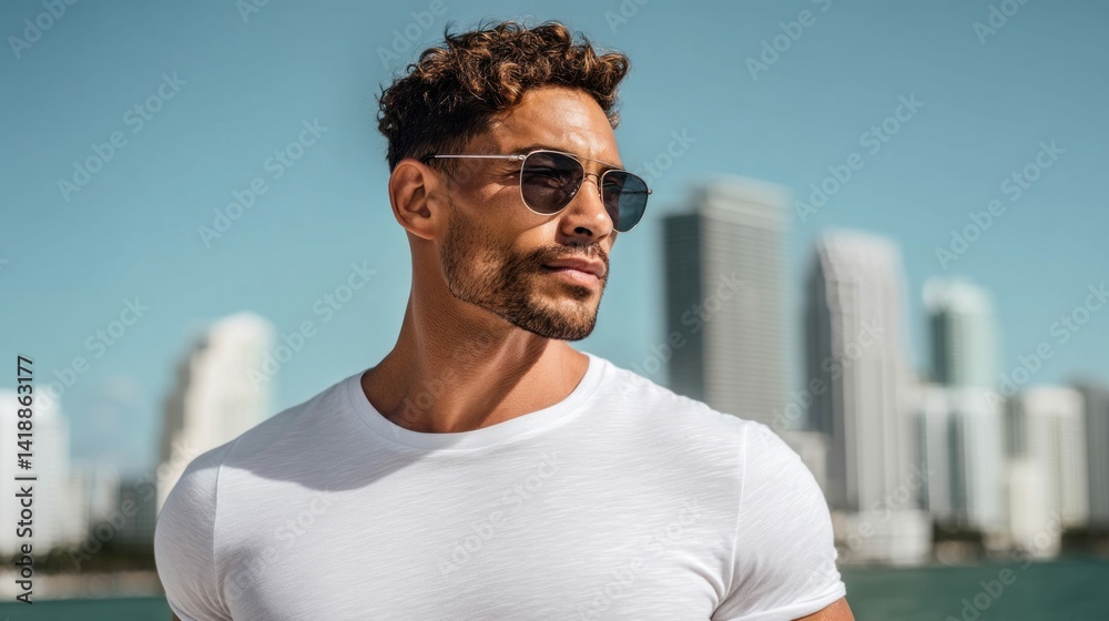 A handsome man in sunglasses stands in front of a stunning city landscape under the sun.