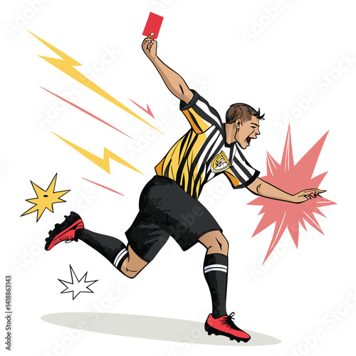 A dynamic illustration of a soccer referee forcefully ejecting a player from the field, depicted with dramatic action lines.  (1) indicates the player's number.