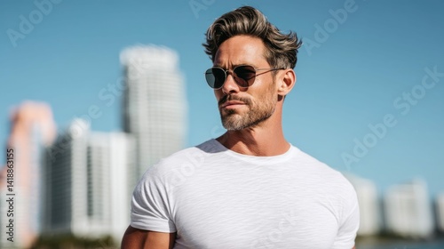 Obraz na płótnie A stylish, handsome man with sunglasses gazes away, posing by buildings on a sunny day. w salonie