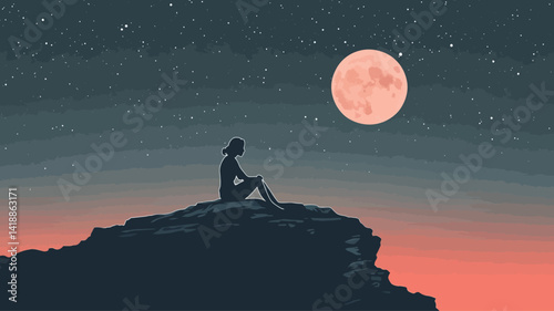 This work presents a minimalist digital illustration. The color scheme is mainly dark, using dark blue and black to depict the night sky, and is embellished with bright, almost coral red full screen.