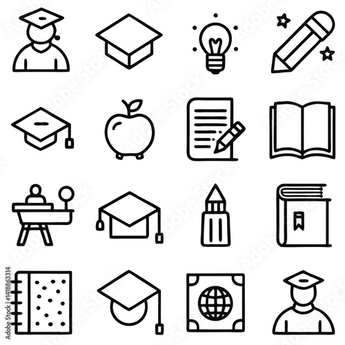 Education Icons Set Graduation, Learning, Knowledge, and Books