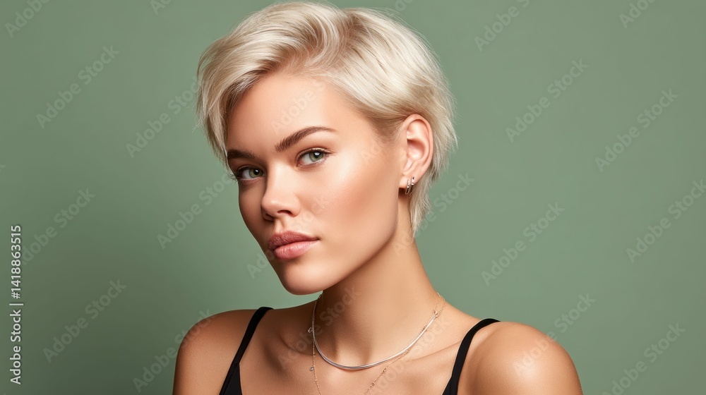 A stunning portrait of a young woman with short blonde hair, looking at the camera with a soft gaze.