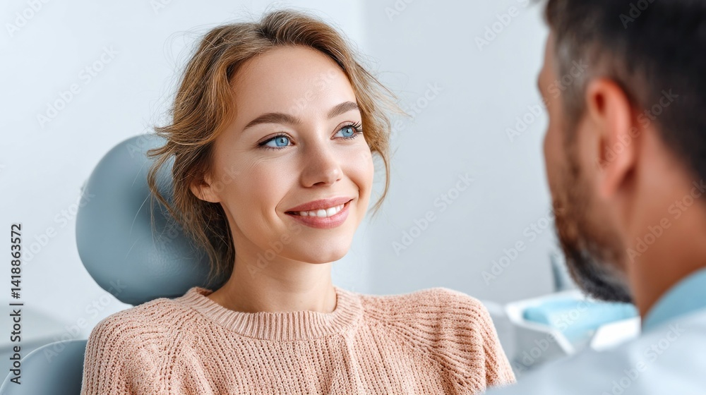 A smiling patient with sparkling blue eyes talks to the dentist in a modern dental clinic setting.