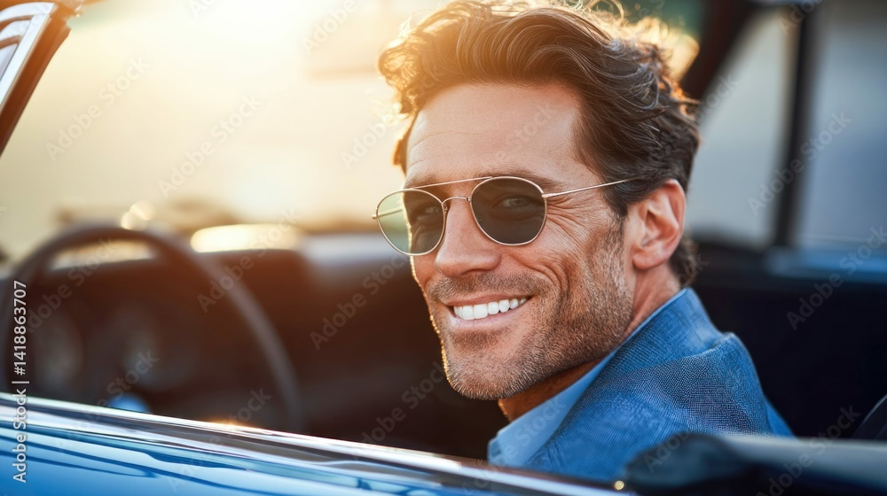 A smiling man in sunglasses enjoys a sunny drive in a vintage convertible, radiating joy.