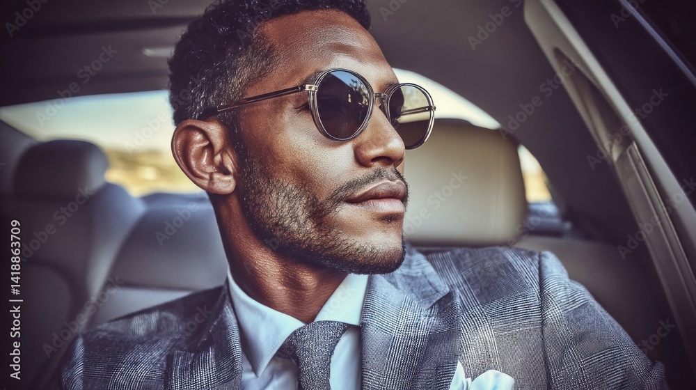 A stylish black man in a suit wears sunglasses, seated inside a luxurious car, thoughtfully looking out.