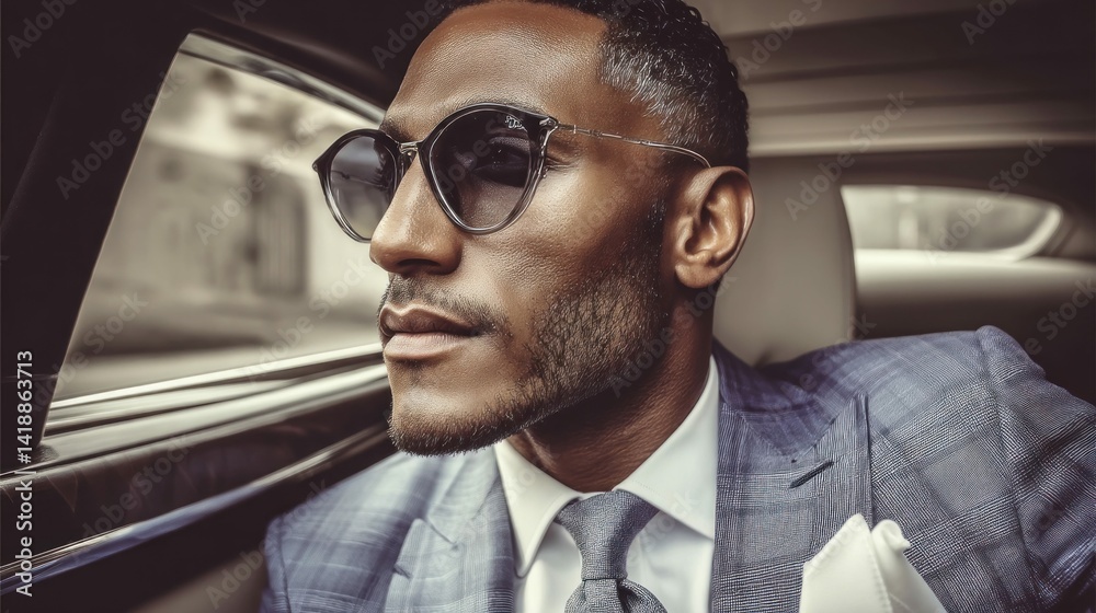 A sophisticated man in a suit and sunglasses looks out from a car window.