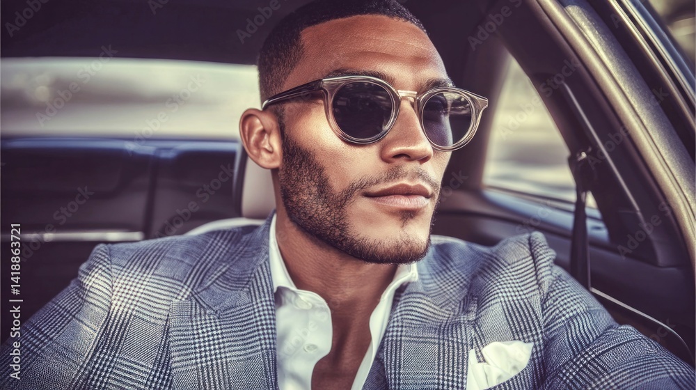 A sharply dressed man with sunglasses enjoys a ride inside a luxurious vehicle.