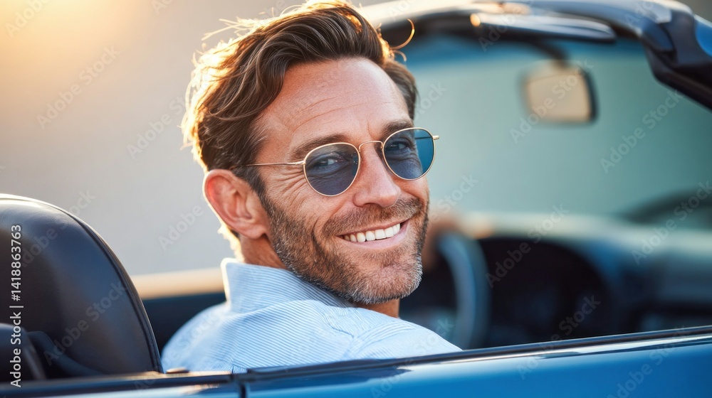 A smiling man in sunglasses enjoys driving his blue convertible on a beautiful sunny day.