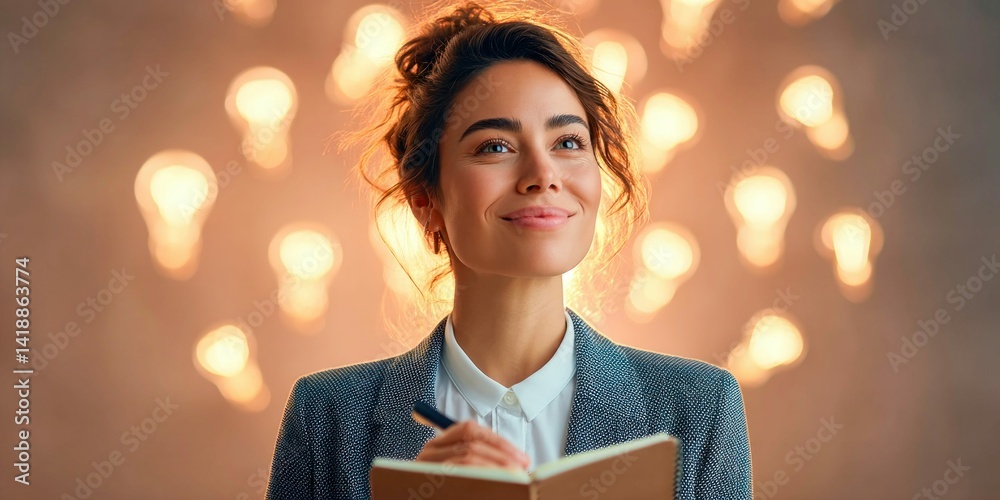 A smiling businesswoman writing in her notebook, with light bulbs in the background, looking up.
