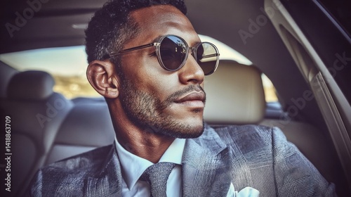 Obraz na płótnie A stylish black man in a suit wears sunglasses, seated inside a luxurious car, thoughtfully looking out. w salonie