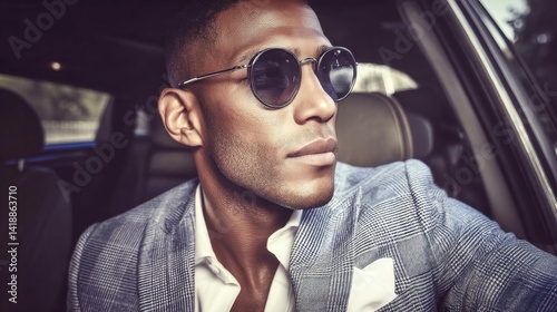 A stylish african american man wearing sunglasses sits inside a luxury car, looking sharp.