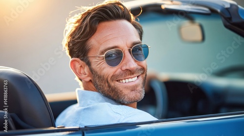 Obraz na płótnie A smiling man in sunglasses enjoys driving his blue convertible on a beautiful sunny day. w salonie
